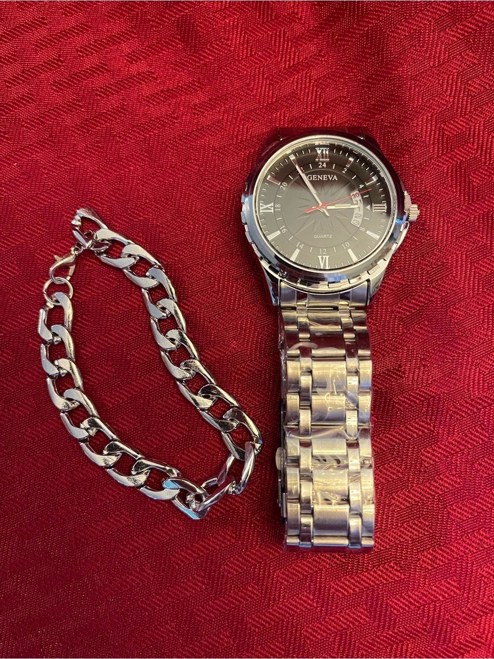 Geneva Silver Watch with Black Dial and Matching Silver Chain Bracelet